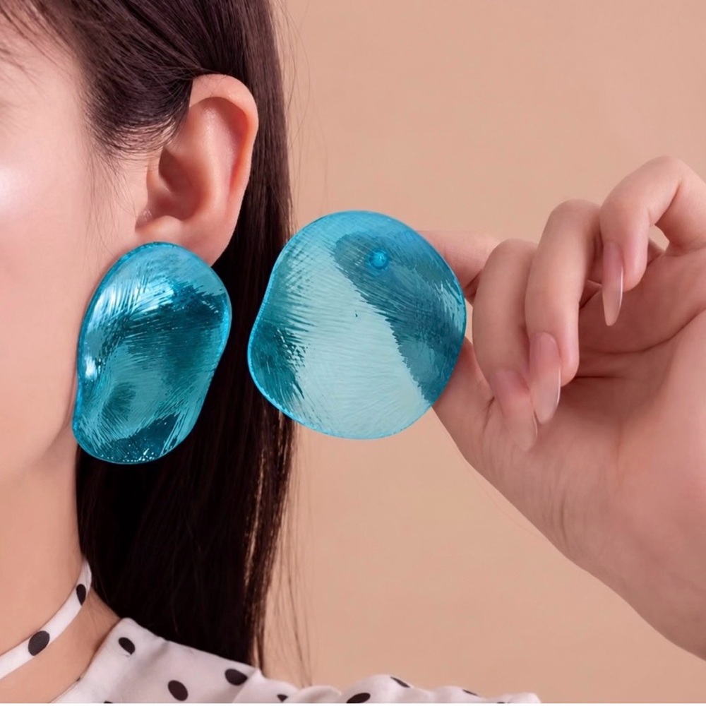 New Aqua Blue Sculptural Resin Disc Statement Earrings - Women Jewelry